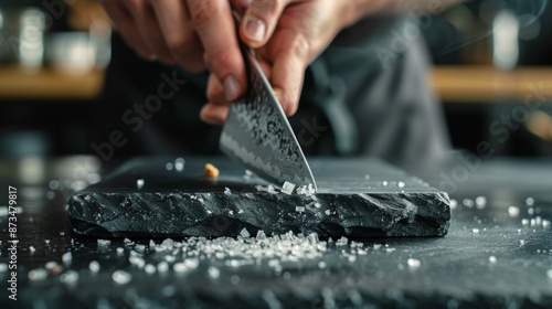 A chefs hand using a sharpening stone to hone the blade of a knife the metal shavings tered around the stone.