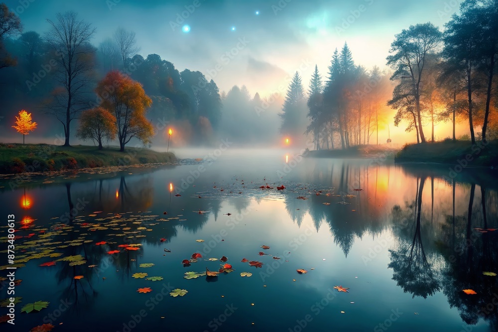 Serene autumn mist envelops the tranquil forest lake at sunrise Serene autumn mist envelops the tranquil forest lake at sunrise