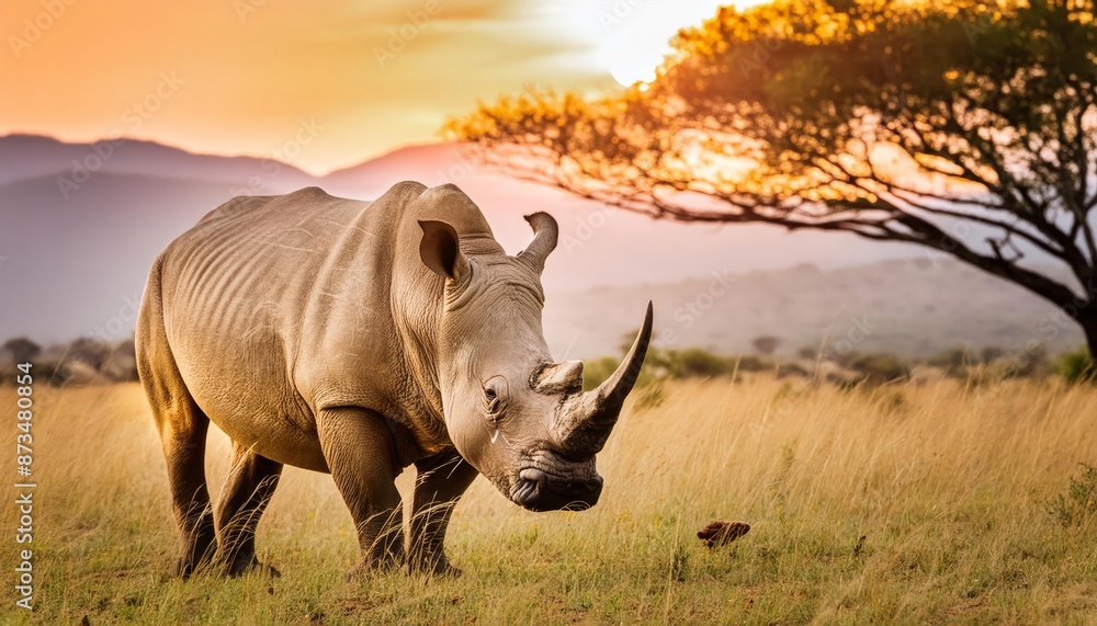 Obraz premium Rhinoceros in the grasslands of the game reserve in Southern Africa , generated by AI. High quality photo
