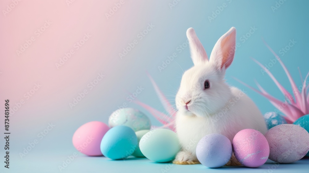 Easter Bunny with Colorful Eggs - Bright Background, Holiday Theme, Fun and Festive Easter Bunny with Colorful Eggs - Bright Background, Holiday Theme, Fun and Festive