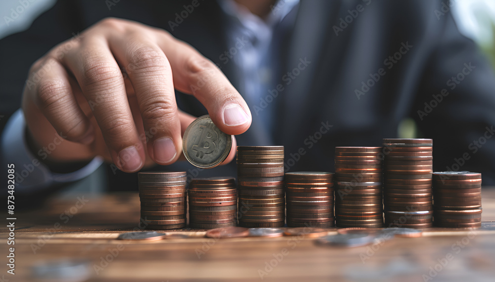 Close-up Of Businessman Hand Put Coins To Stack Of Coins Close-up Of Businessman Hand Put Coins To Stack Of Coins