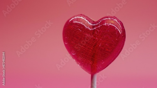A heart shaped lollipop is sitting on a pink background