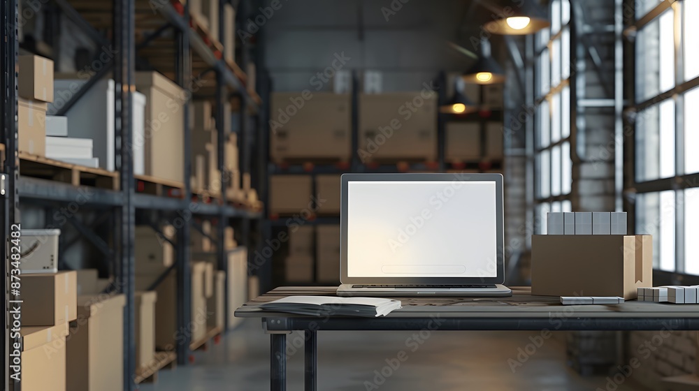 Online ecommerce store mockup, dropshipping business website concept. Table with laptop computer mock up blank white screen and shipping boxes, retail marketplace, warehouse delivery background. Online ecommerce store mockup, dropshipping business website concept. Table with laptop computer mock up blank white screen and shipping boxes, retail marketplace, warehouse delivery background.