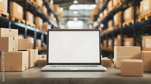 Online ecommerce store mockup, dropshipping business website concept. Table with laptop computer mock up blank white screen and shipping boxes, retail marketplace, warehouse delivery background. 