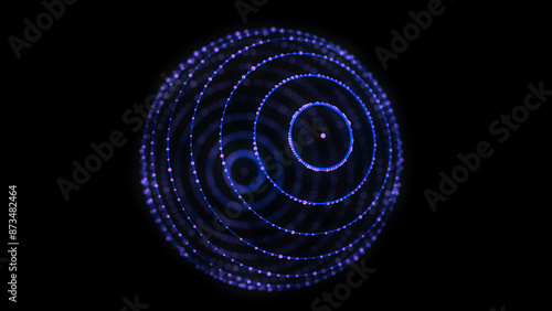 Abstract blue sphere on black background. Wireframe circle structure with glowing particles. Futuristic digital illustration. 3D rendering.