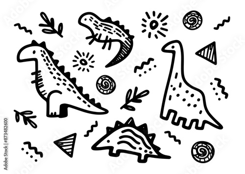 dinosaur vector doodle set, cute simple hand drawn sketches collection