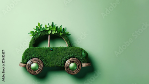 Concept of environmentally friendly car and environmental protection. Conceptual image of green eco car with grass and plant.
