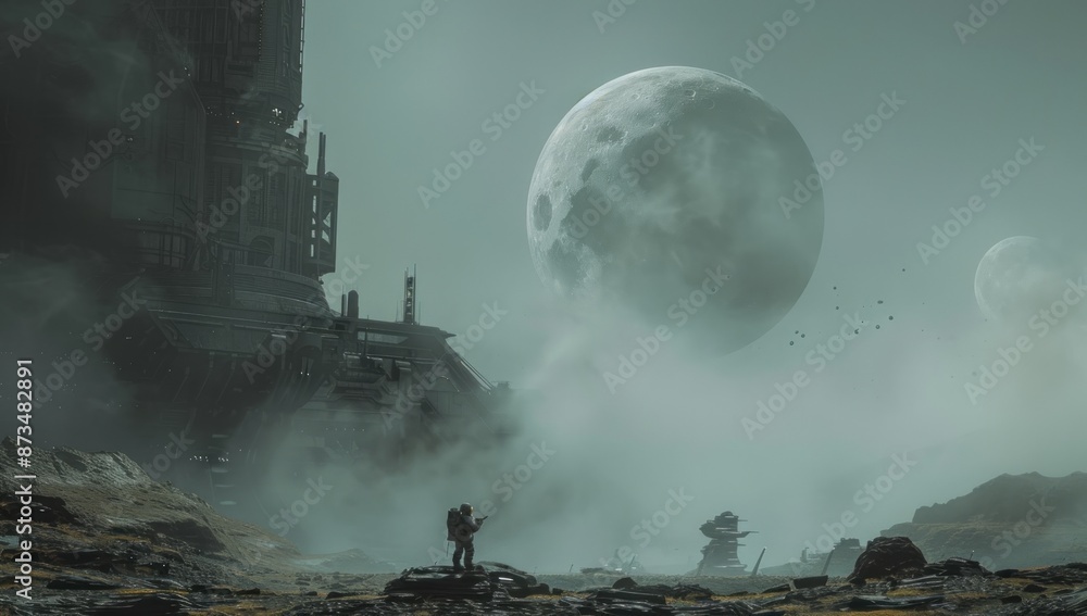 Fototapeta premium A Solitary Figure in a Foggy, Alien Landscape