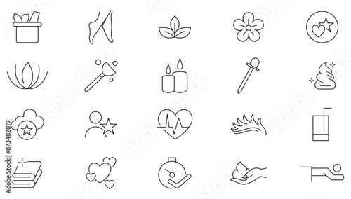 Wellness and beauty line icon set. Cosmetics services, spa treatments, skin care, massage, hyaluronic acid, serum, pore tighten, cosmetology line icon collection. UI thin outline icons pa