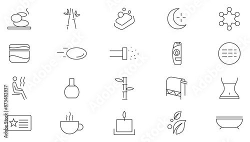 Wellness and beauty line icon set. Cosmetics services, spa treatments, skin care, massage, hyaluronic acid, serum, pore tighten, cosmetology line icon collection. UI thin outline icons pa