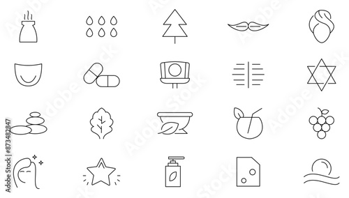 Wellness and beauty line icon set. Cosmetics services, spa treatments, skin care, massage, hyaluronic acid, serum, pore tighten, cosmetology line icon collection. UI thin outline icons pa