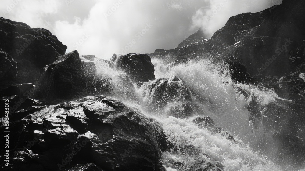 A waterfall is shown in black and white. The water is crashing down the rocks, creating a powerful and dramatic scene. Concept of awe and wonder at the natural beauty of the waterfall A waterfall is shown in black and white. The water is crashing down the rocks, creating a powerful and dramatic scene. Concept of awe and wonder at the natural beauty of the waterfall
