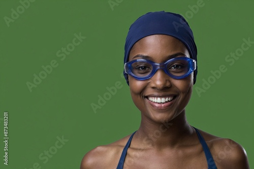 African American woman with smile on face next to empty space on dark green background, beautiful woman with face close-up wearing swimming cap and goggles. Place for advertising text in studio. photo