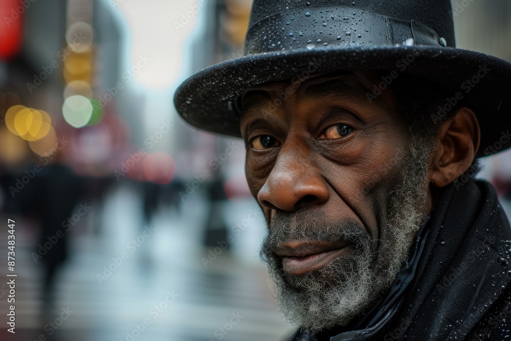 Close-up of a senior man with a hat, featuring raindrops, and blurred urban background Close-up of a senior man with a hat, featuring raindrops, and blurred urban background