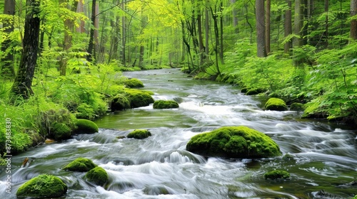 Tranquil Stream Flowing Through a Lush Forest