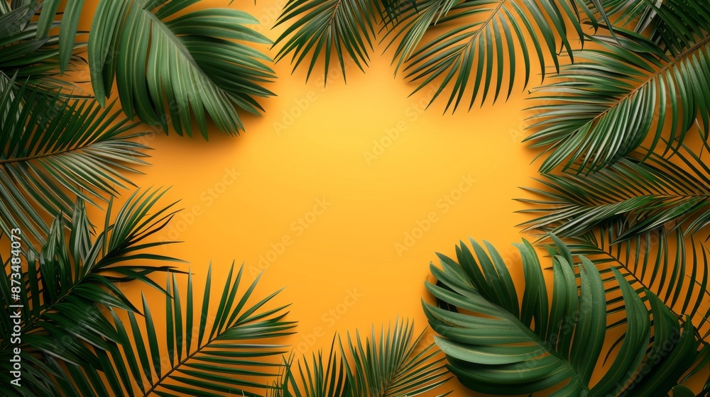Lush green tropical palm leaves form a natural frame on a bright yellow background Lush green tropical palm leaves form a natural frame on a bright yellow background