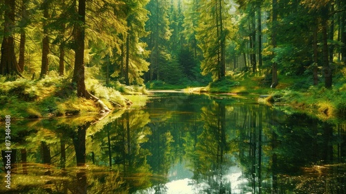 Sunlit Forest Pond with Reflective Trees © Iswanto
