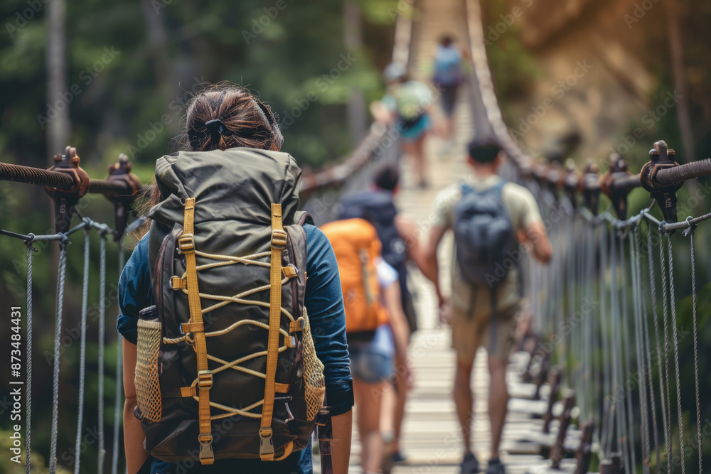 Group of active tourists with backpacks walking along rope bridge Group of active tourists with backpacks walking along rope bridge