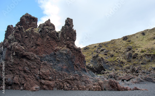 Panoramic view of the volcanic landscape near Dritvik, Snaefellsnes peninsula, Iceland, Europe.
