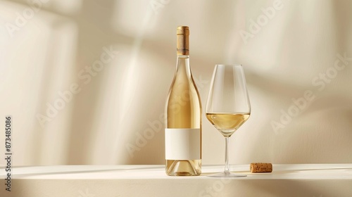 Wine bottle and glass of white wine on table with cork © MaxStock