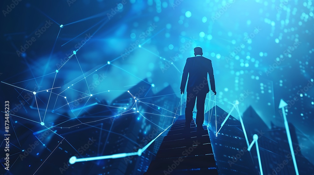 Fototapeta premium business, businessman, success, stair, concept, people, 3d, up, woman, stairs, standing, person, staircase, abstract, step, achievement, book, career, sky, climbing, opportunity, steps, silhouette, to