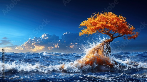 Vibrant Autumn Tree Defiantly Standing Amidst Turbulent Ocean Waves Under a Dramatic Sky - Nature's Resolve and Beauty Captured