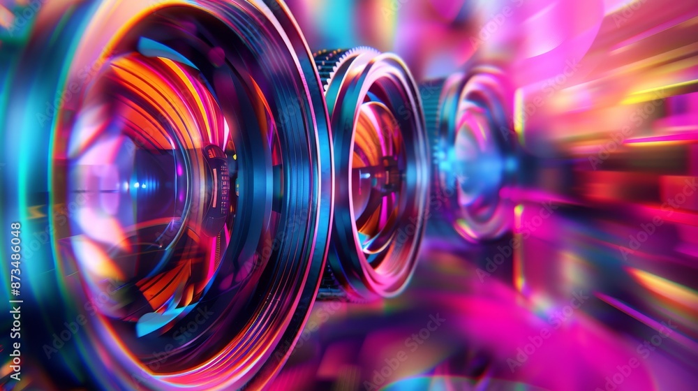 A close up of a camera lens with a colorful background, including shades of purple, violet, magenta, electric blue, and a circular gas. Perfect for entertainment and automotive lighting art A close up of a camera lens with a colorful background, including shades of purple, violet, magenta, electric blue, and a circular gas. Perfect for entertainment and automotive lighting art