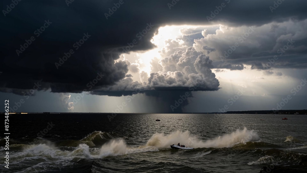 arafed boat in the ocean with a storm coming in arafed boat in the ocean with a storm coming in