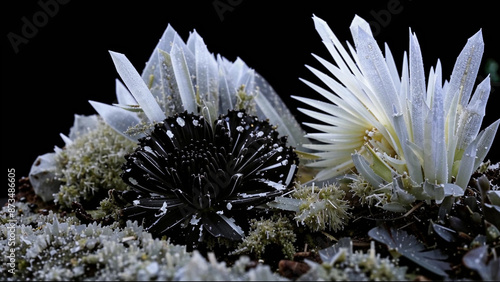two white flowers in a black vase with moss