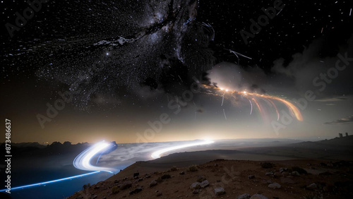 starry night sky with a long exposure of a road and a bright light