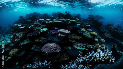 a large group of corals that are under the water