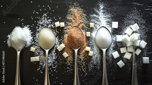 Each type of sugar is neatly organized side by side, creating a contrast in color and texture. This setup could be ideal for culinary illustrations, food photography, or educational content about suga