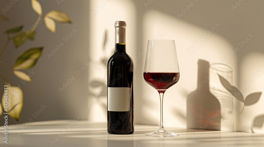 Red Wine Bottle with Glass in Sunlight Red Wine Bottle with Glass in Sunlight
