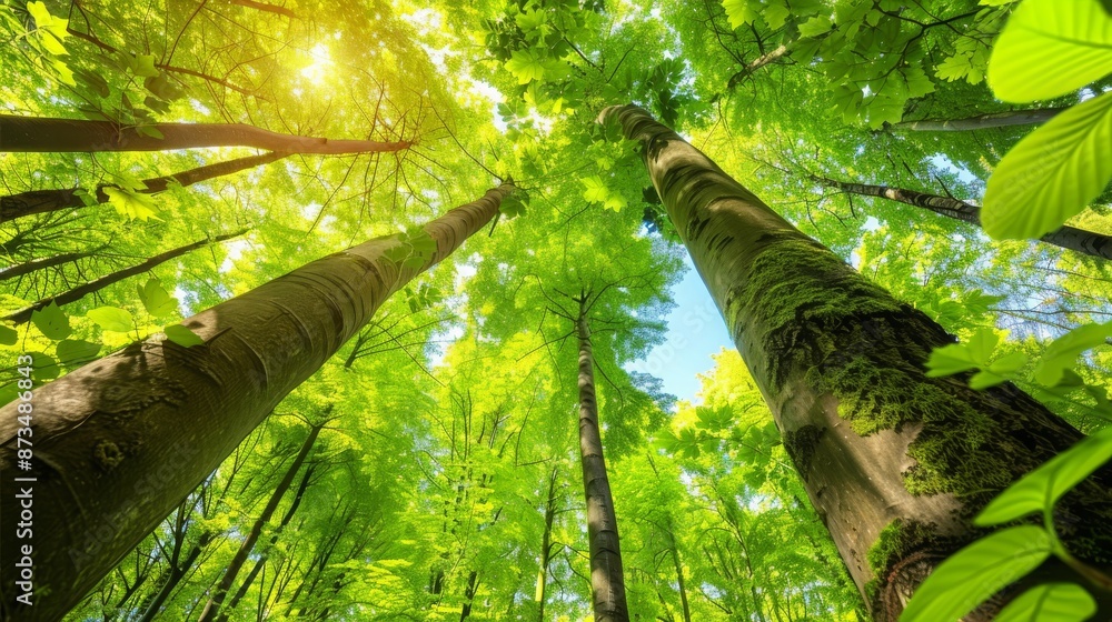 Fototapeta premium green deciduous treetops in bright sunlight panoramic view upwards in summer forest