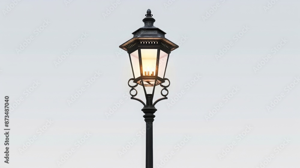 Lamp Post With Illuminated Light Fixture. A lamp post standing tall with a bright light fixture on top, illuminating its surroundings. Lamp Post With Illuminated Light Fixture. A lamp post standing tall with a bright light fixture on top, illuminating its surroundings.