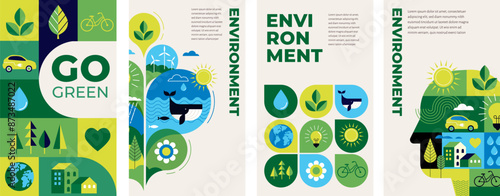 Environmental vertical concept design. Happy Earth Day, geometric modern trendy illustrations of ecology, environmental conservation, planet Earth, green and zero waste design. Backgrounds, cards