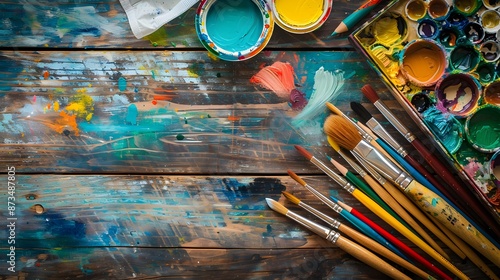 Fototapeta Naklejka Na Ścianę i Meble -  Creative art work accessories tools supplies set on messy desk, paint brushes, paintbox watercolors crayons pencils on brown wooden artistic background, back to school. Top view, flat lay, copy space.