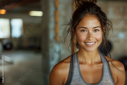 A cheerful woman in a workout setting, showcasing her healthy and active lifestyle. Ideal for promoting fitness, wellness, and positive energy. Free Download A cheerful woman in a workout setting, showcasing her healthy and active lifestyle. Ideal for promoting fitness, wellness, and positive energy. - GFXLoad