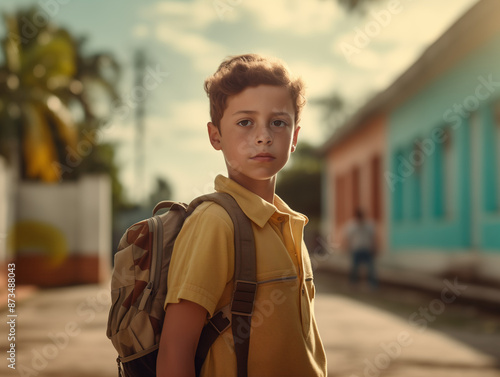 Portrait of brazilian boy, with a backpack, standing near the school  © de.fusum