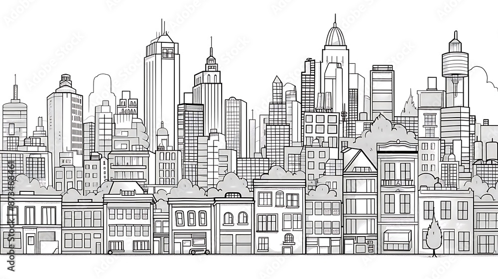 Obraz premium city, building, town, vector, urban, skyline, cityscape, illustration, house, architecture, green, skyscraper, eco, design, business, home, icon, buildings, construction, street, ecology, downtown, to