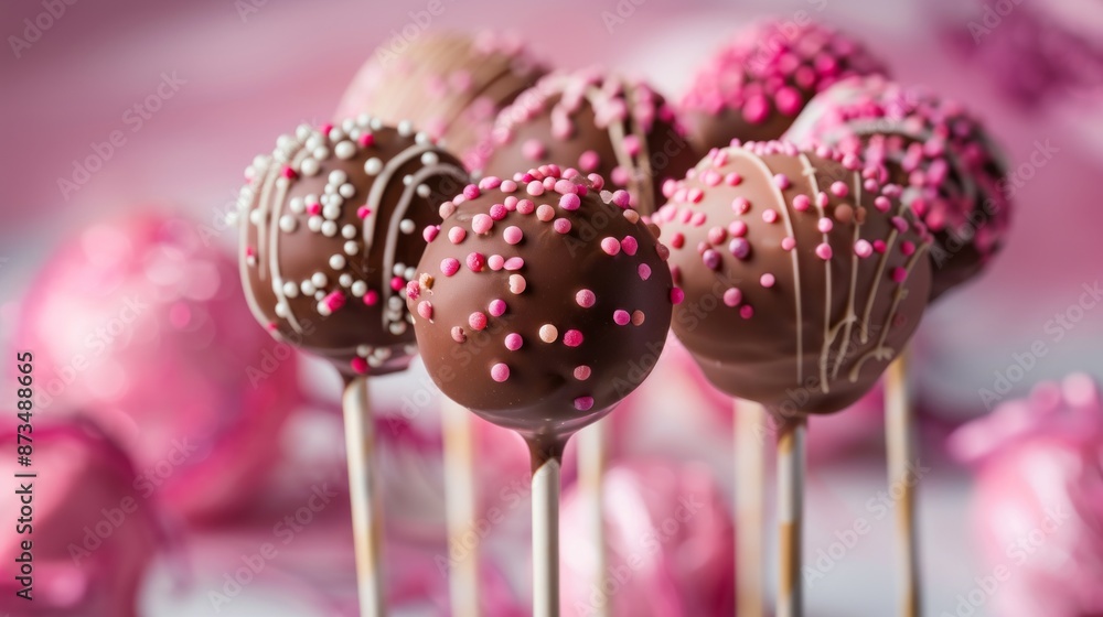 Cake pops – chocolate with multi-colored sprinkles on a pink background. Cake pops – chocolate with multi-colored sprinkles on a pink background.