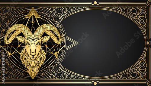 Grunge frame with goat head for tarot card or astrological Capricorn sign . Monochrome vector illustration. copy space for your text or design