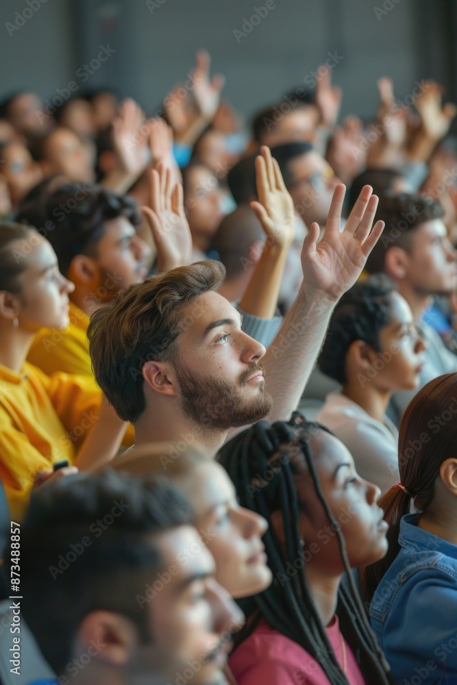 A crowd of people are in a room, with some of them raising their hands. Scene is one of excitement and anticipation, as if they are waiting for something important to happen A crowd of people are in a room, with some of them raising their hands. Scene is one of excitement and anticipation, as if they are waiting for something important to happen