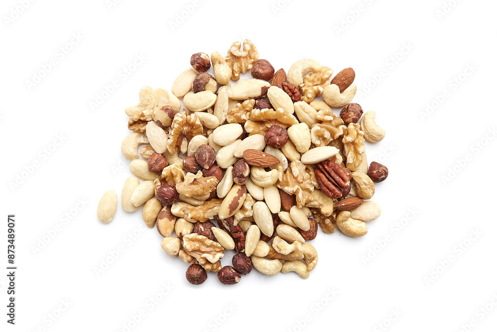 A pile of assorted nuts including almonds, cashews, hazelnuts, pecans, walnuts, and Brazil nuts on a white background. Perfect for healthy snacking and recipes A pile of assorted nuts including almonds, cashews, hazelnuts, pecans, walnuts, and Brazil nuts on a white background. Perfect for healthy snacking and recipes