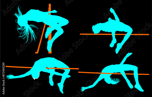 atletas, siluetas, salto, pertiga, deporte, vectores, salto de altura, pole, salto