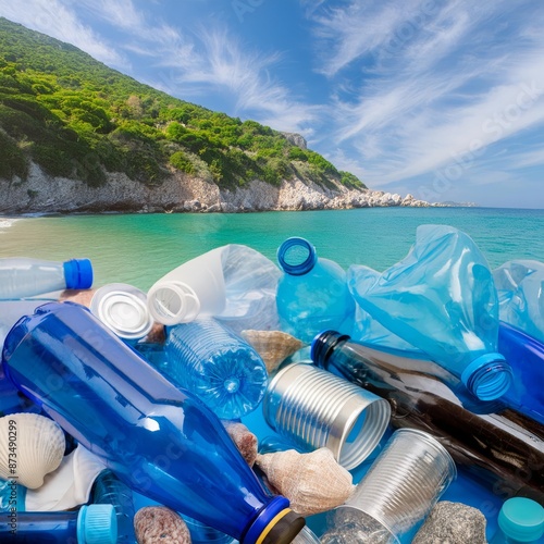 A collection of azure bottles and seashells scattered along the waters edge on a sandy beach, under a cloudy sky, creating a picturesque natural environment perfect for travel enthusiasts photo