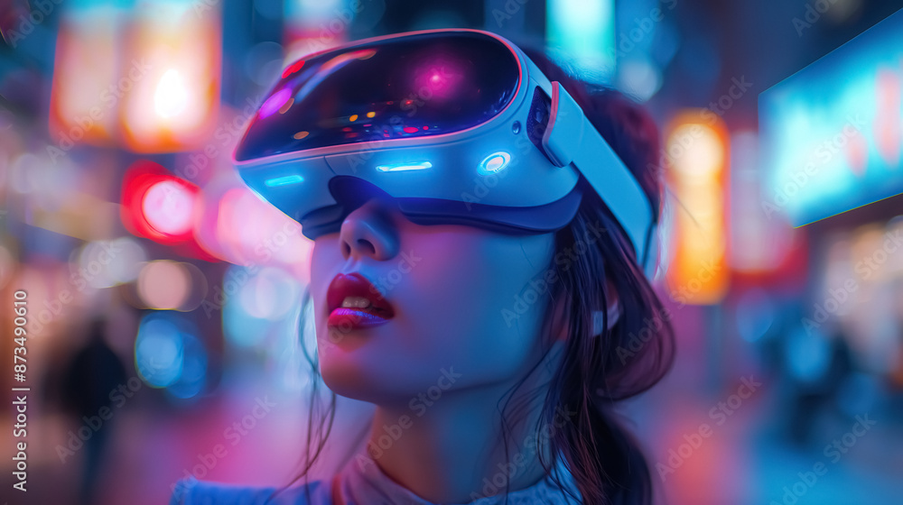 A woman in V.R. glasses with a view of the night city A woman in V.R. glasses with a view of the night city