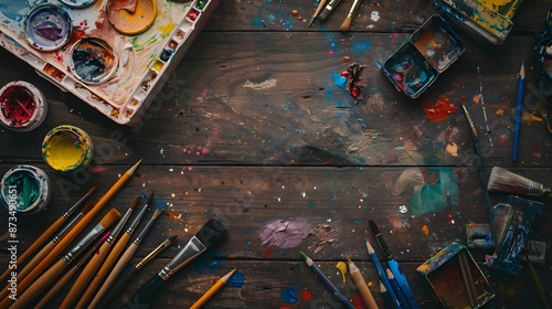Creative art work accessories tools supplies set on messy desk, paint brushes, paintbox watercolors crayons pencils on brown wooden artistic background, back to school. Top view, flat lay, copy space.