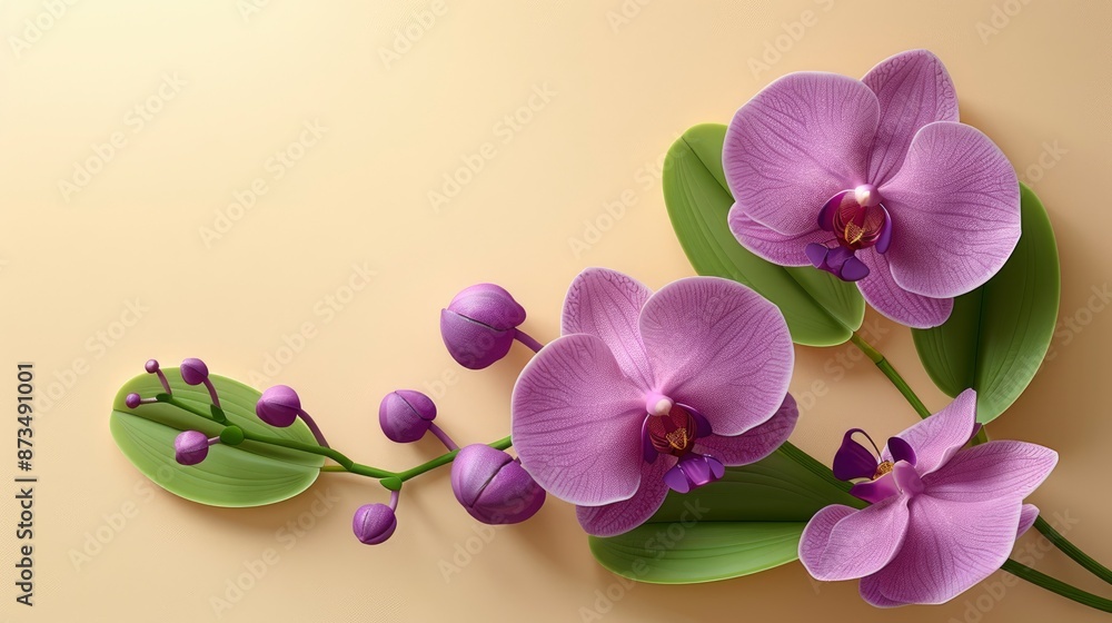 Obraz premium A purple orchid, on a light background, in a flat illustration style, in white letters, with a simple and minimalistic design, at a high resolution,