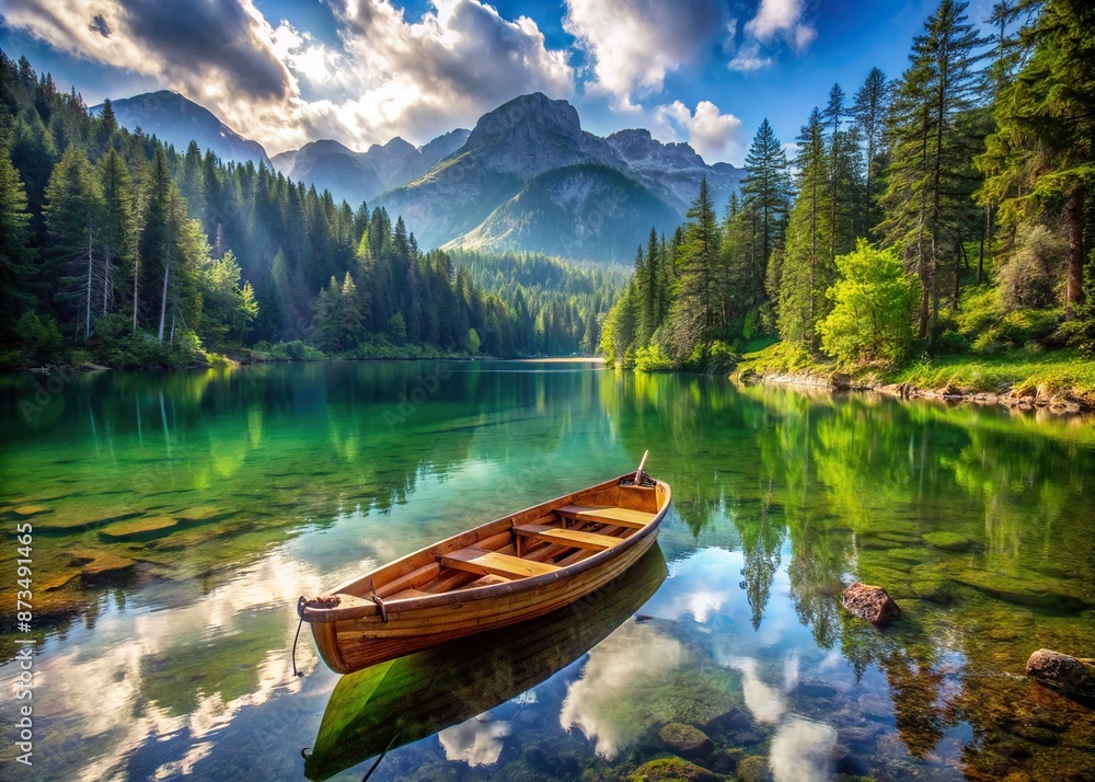Serene mountain lake surrounded by lush green forest, with a vacant wooden boat in the foreground, awaiting adventurous travelers to explore the wilderness. Serene mountain lake surrounded by lush green forest, with a vacant wooden boat in the foreground, awaiting adventurous travelers to explore the wilderness.